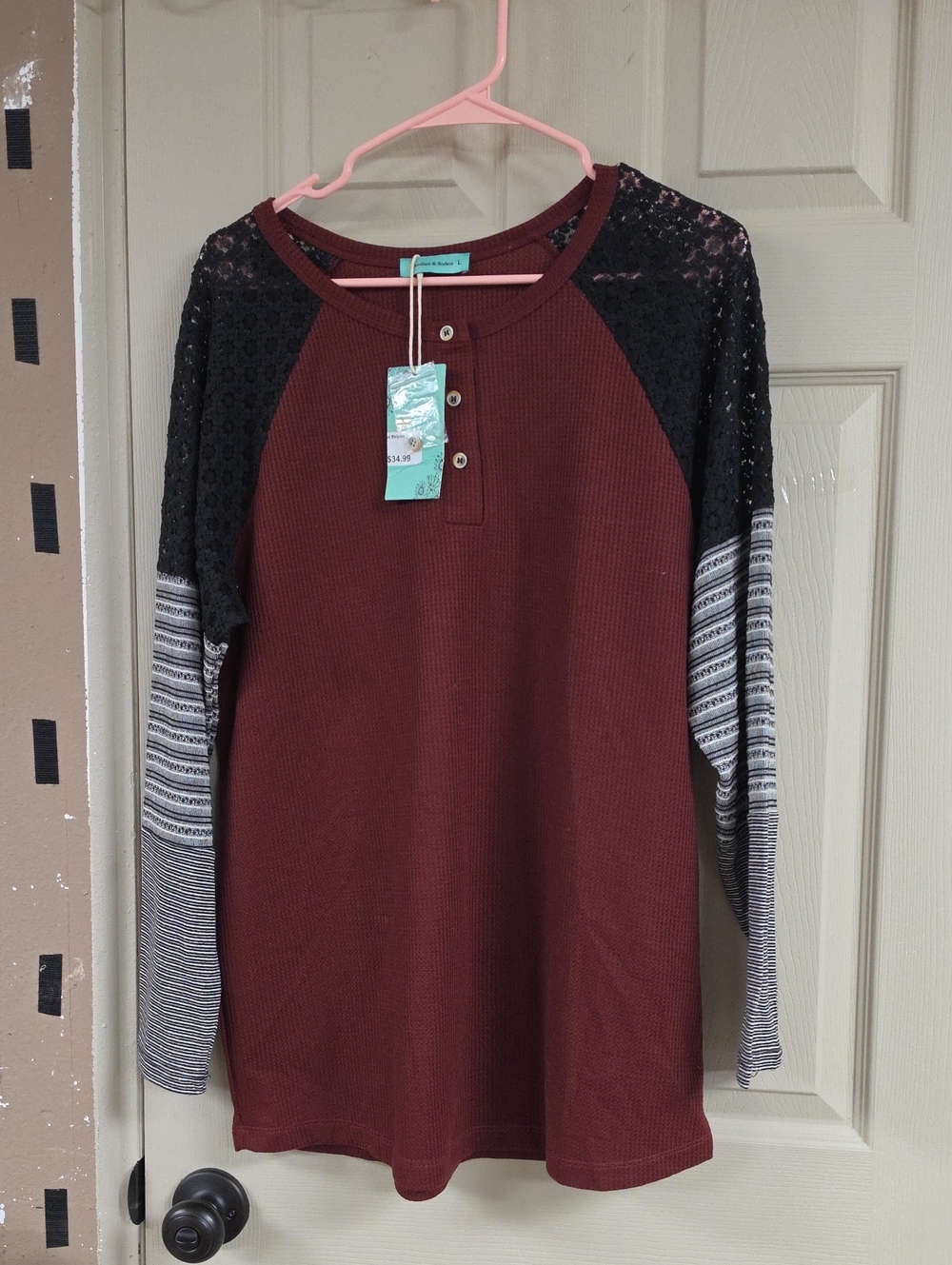 Burgundy Raglan Henley Top with Black Lace & Striped Sleeves